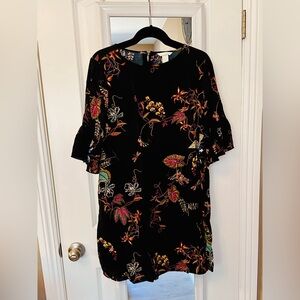 H&M Black Midi Dress with Vibrant Floral Patterns